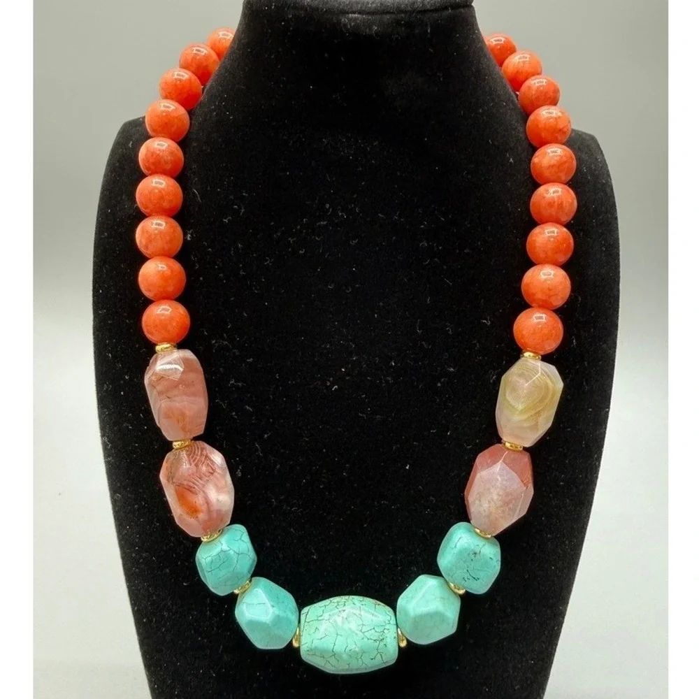 Beaded Necklace 18" Apricot Agate Turquoise Dyed Howlite Colorful Stones Heavy - Picture 1 of 12